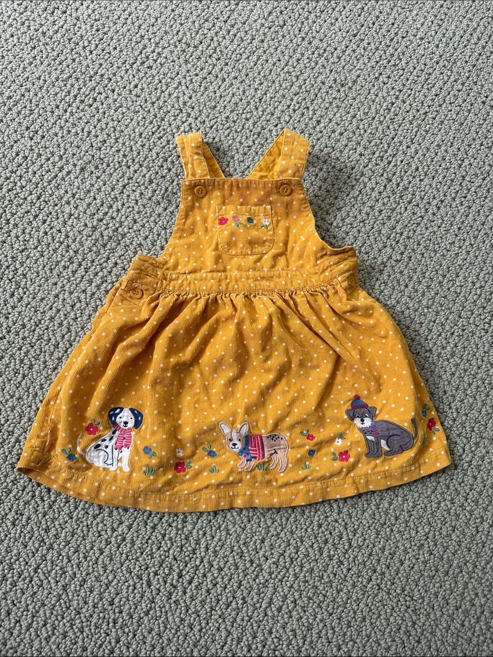 Jojo Maman Bebe yellow polka dot dog appliqué pinafore dress 12-18m